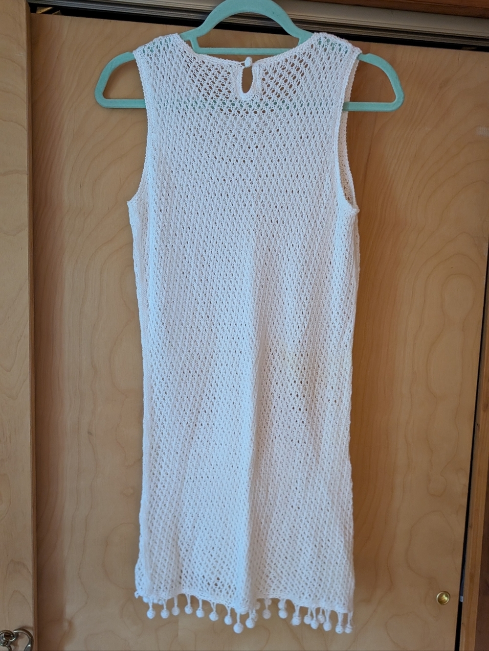 Vintage White Crochet Sleeveless Cover-Up Dress with Pom Trim - Picture 3 of 3